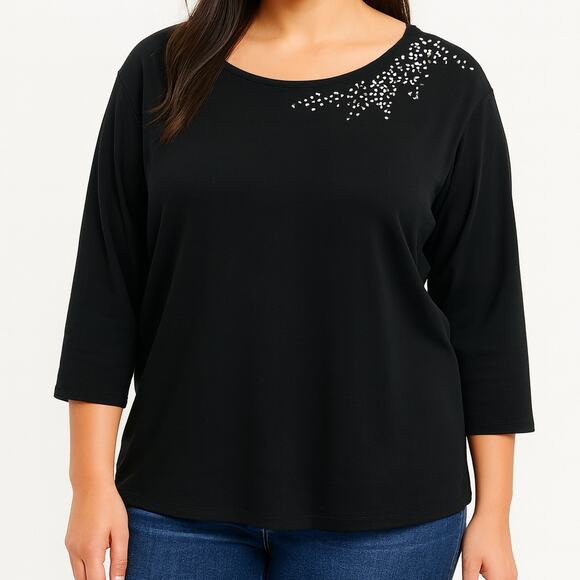 Quacker Factory T-Shirt Top Black Rhinestone 3/4 Sleeve Womens 3X Round Neck NWT - Picture 1 of 8